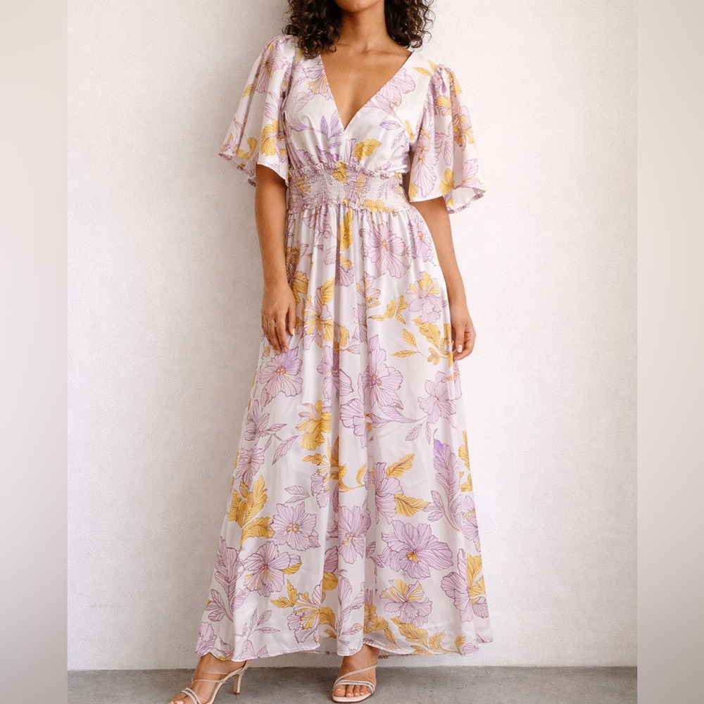 Anthropologie En Saison Floral Smocked Waist V-Neck Maxi Dress